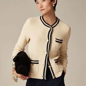 J. Crew Contrast-Trim Beige Cardigan Sweater Black Trim Gold Button Medium